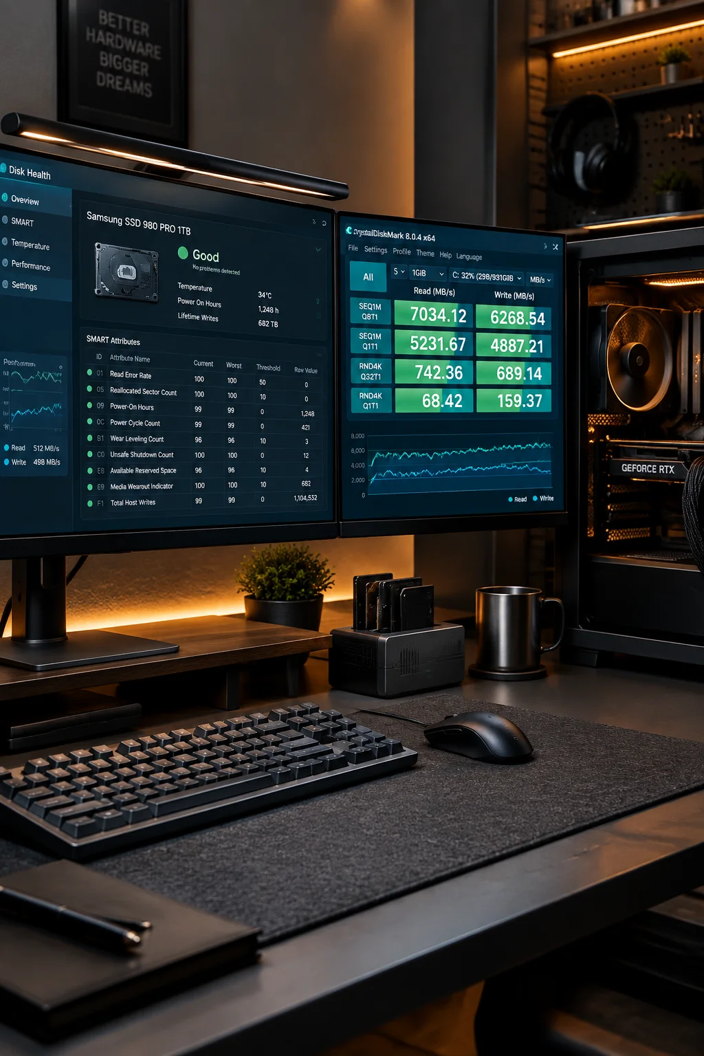 Editorial desk with hardware performance monitors and test setups