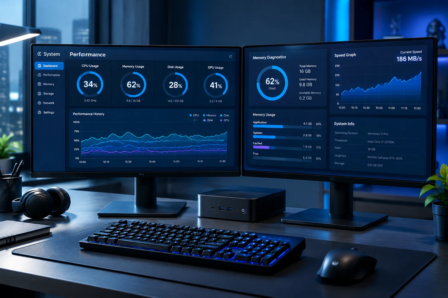 Computer workstation with system optimization analytics on screens